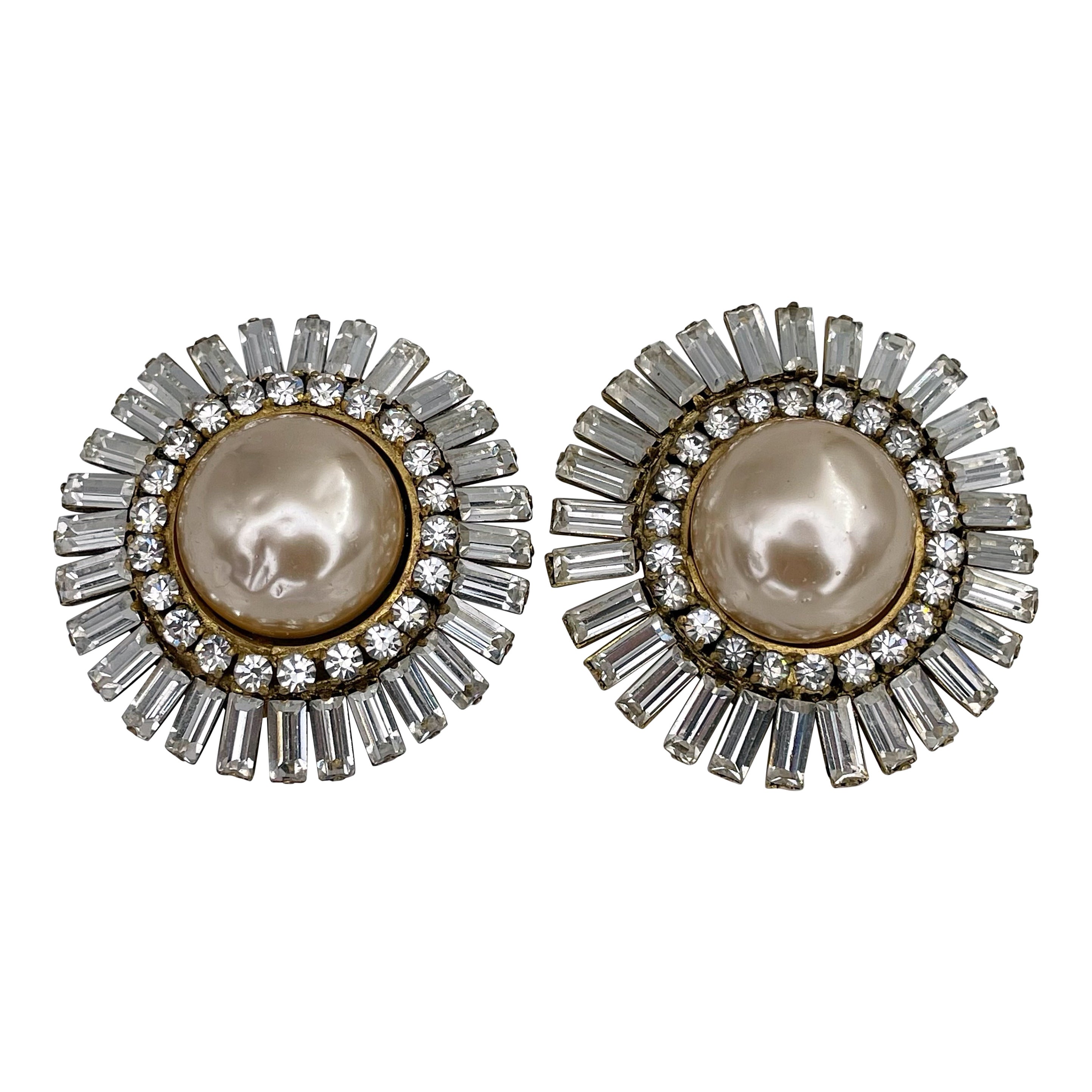 1970s Vintage Chanel Creamy Pearl Crystal Large Round Clip on Earrings