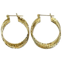 Vintage Yellow Gold Wire Diamond Cut Hoop Earrings