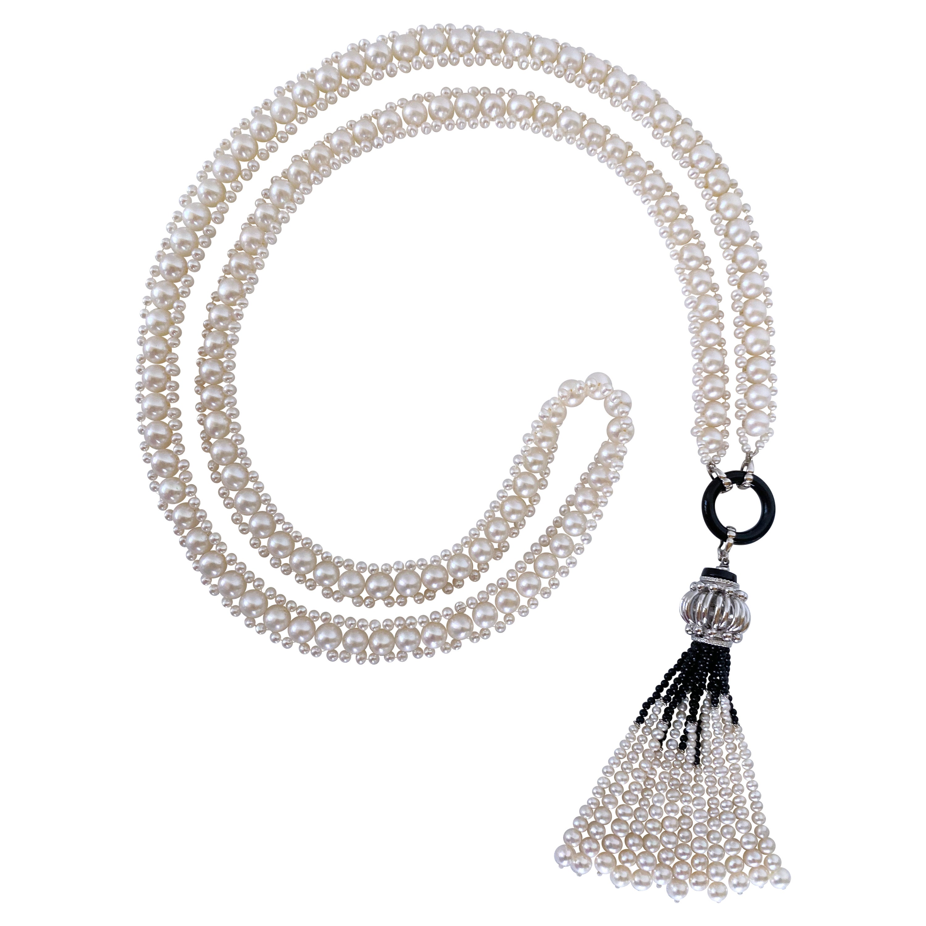 Marina J. Geflochtenes Perlen-Sautoir mit schwarzem Onyx und Silber im Angebot