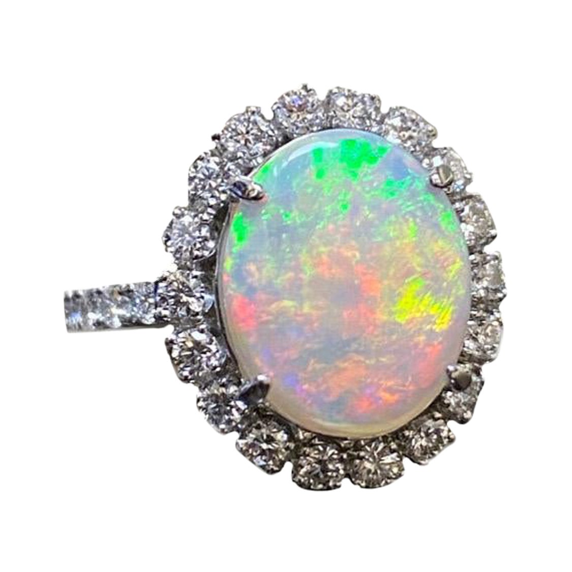 Handmade Platinum French U Pave Halo Diamond Australian Opal Engagement Ring  For Sale