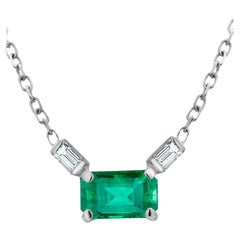 Colombia Emerald and Two Baguette Diamonds White Gold Drop Pendant Necklace