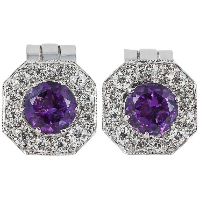 Amethyst Diamond Platinum Clip Earrings For Sale at 1stDibs