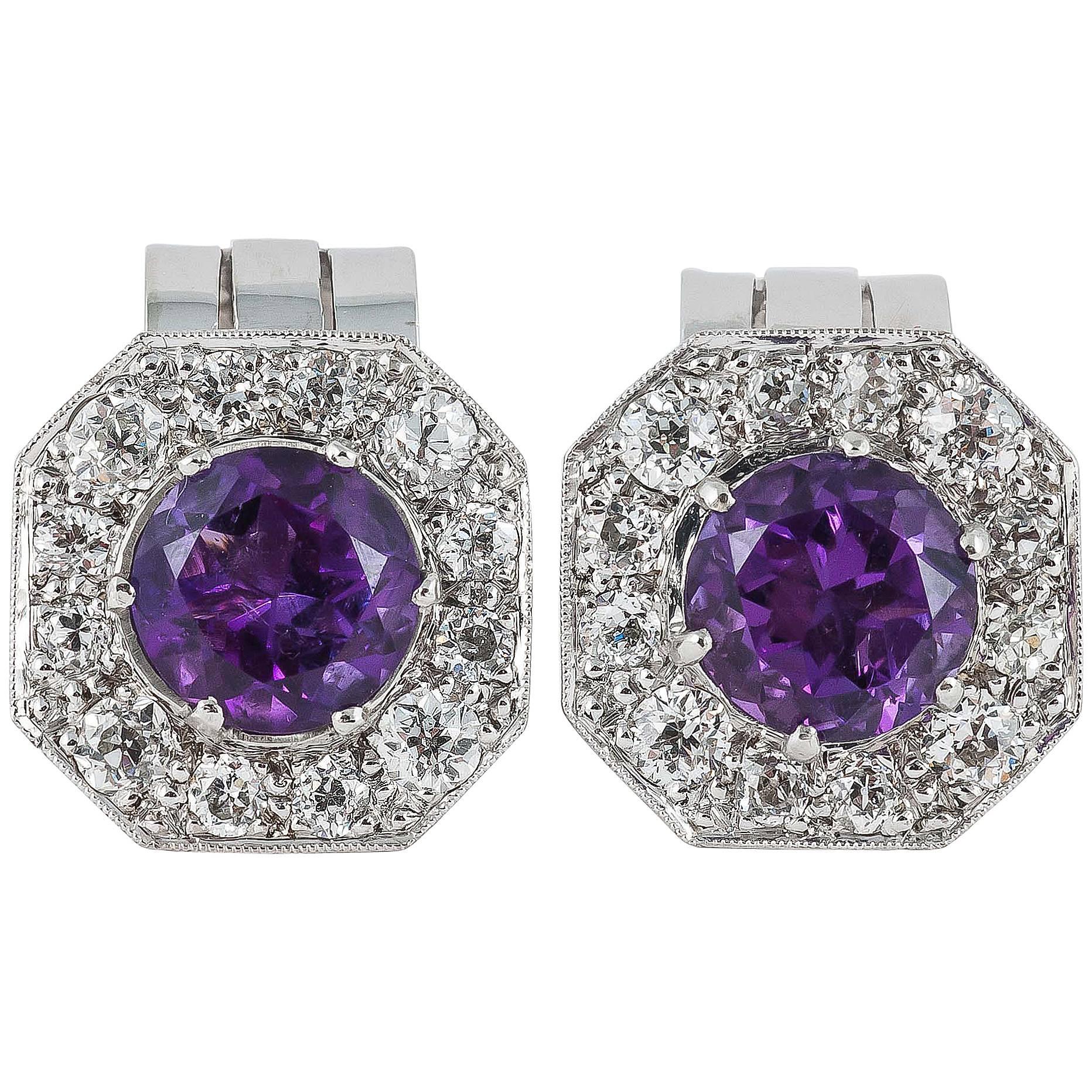 Amethyst Diamond Platinum Clip Earrings For Sale