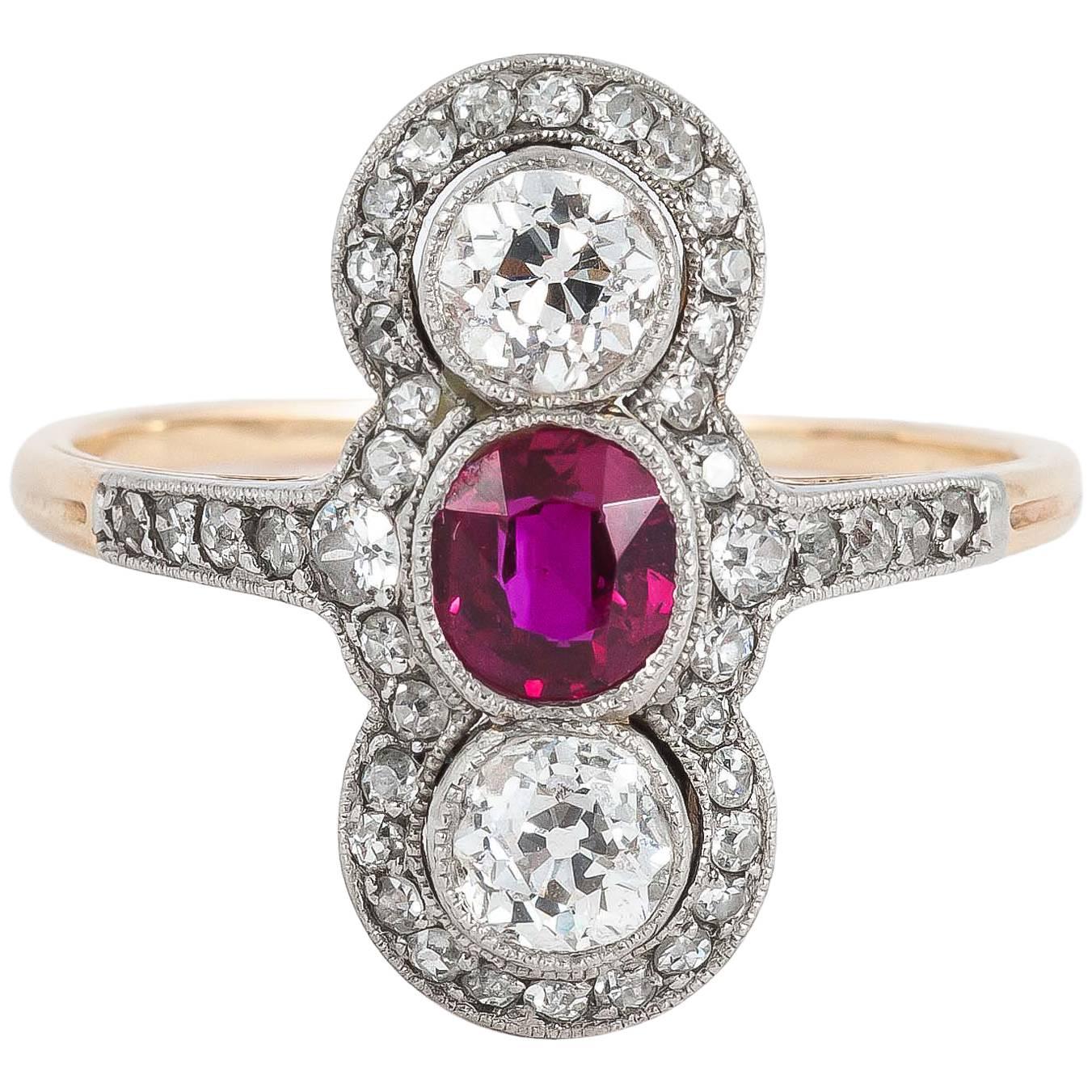 Edwardian Ruby Diamond Gold Platinum Ring For Sale