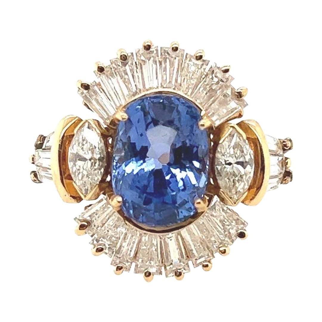 Retro Gold 6.75 Carat Natural Blue Sapphire and Diamond Cocktail Ring Circa 1960 For Sale