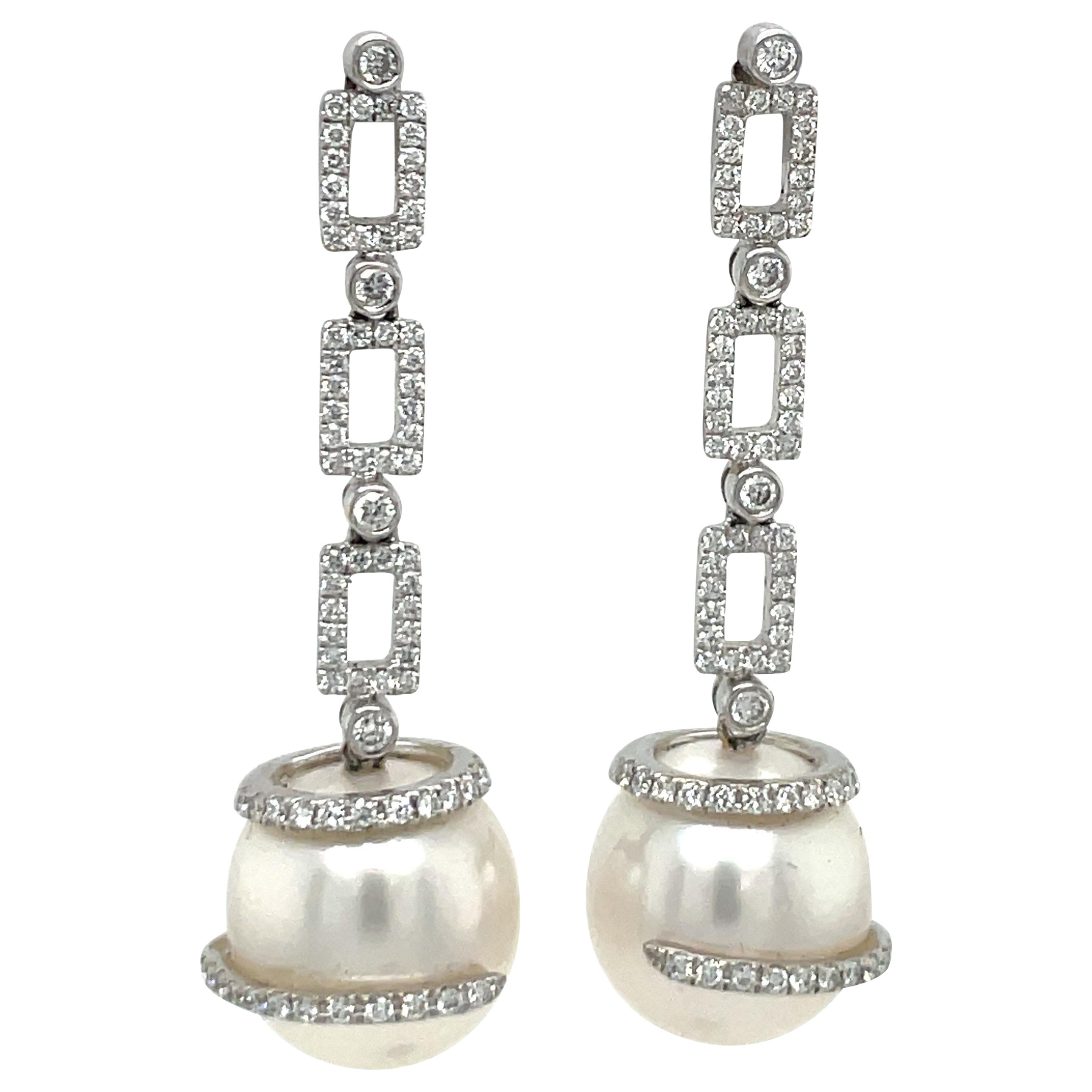 18 Karat White Gold Diamond Drop South Sea Pearl Earrings 1.14 Carats For Sale