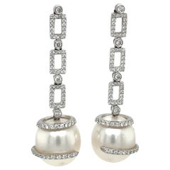 18 Karat White Gold Diamond Drop South Sea Pearl Earrings 1.14 Carats