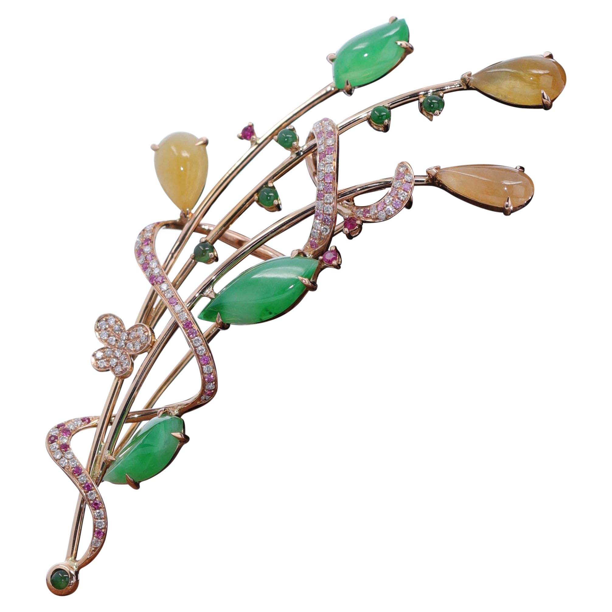 18K Rose Gold Genuine Imperial Jadeite Jade Pendant & Brooch with Diamonds For Sale