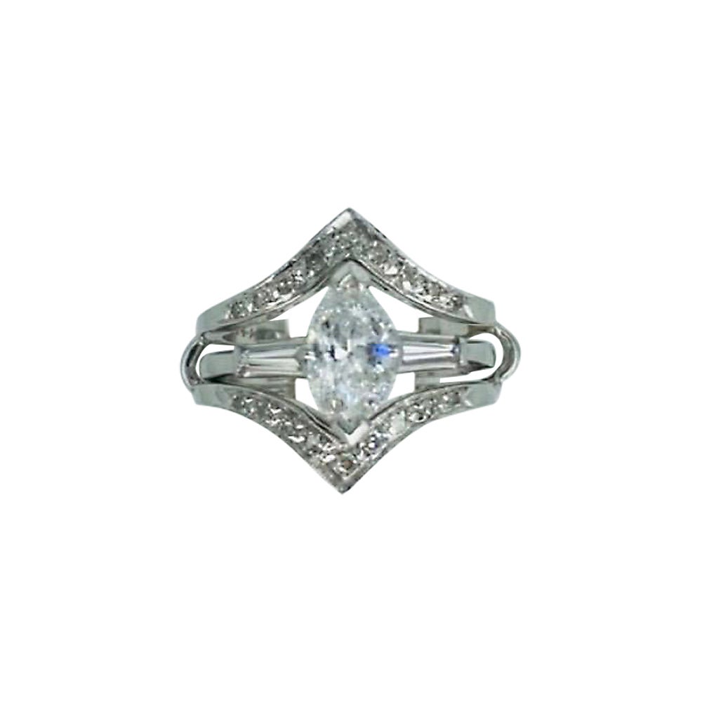 Vintage 1.00 Carat Center Marquise Diamond Ring W/Guard Platinum 14k White Gold For Sale