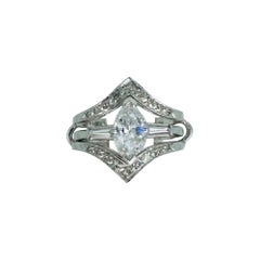 Retro 1.00 Carat Center Marquise Diamond Ring W/Guard Platinum 14k White Gold