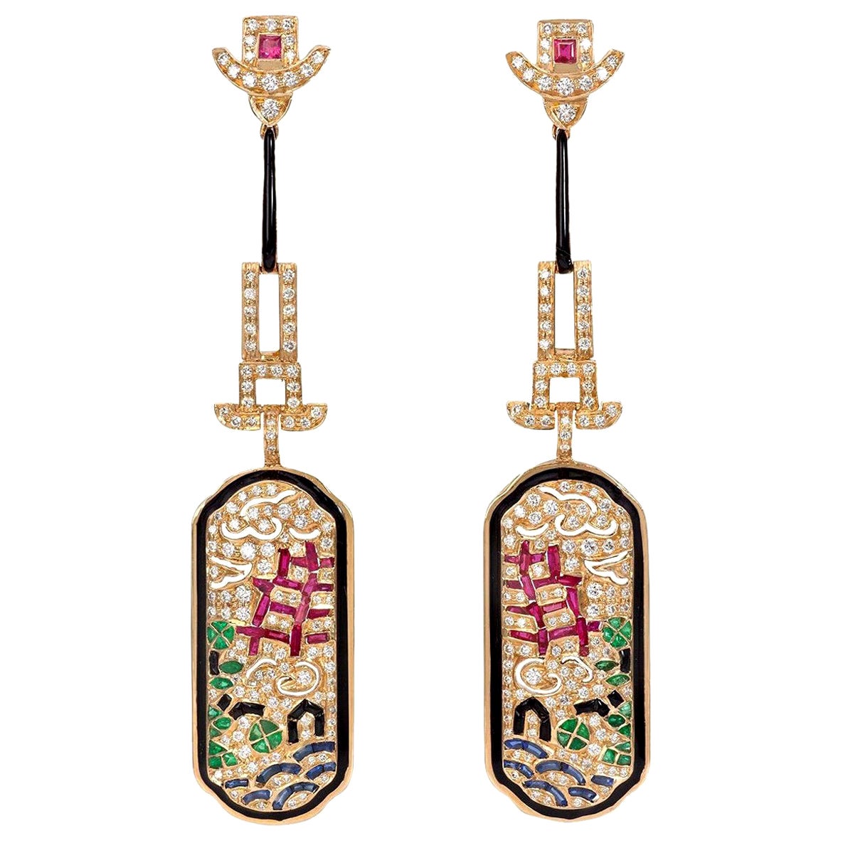 Diamond, Ruby, Emerald and Blue Sapphire Art Deco Style Earring
