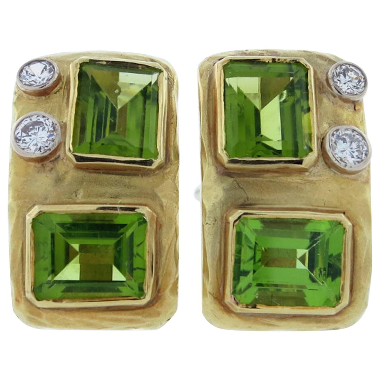 Modernist Design Peridot Diamond Gold Clip and Post Back Earrings For Sale