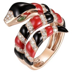 Enamel Snake Black & Red Enamel Diamond Ring in 18 Karat Rose Gold