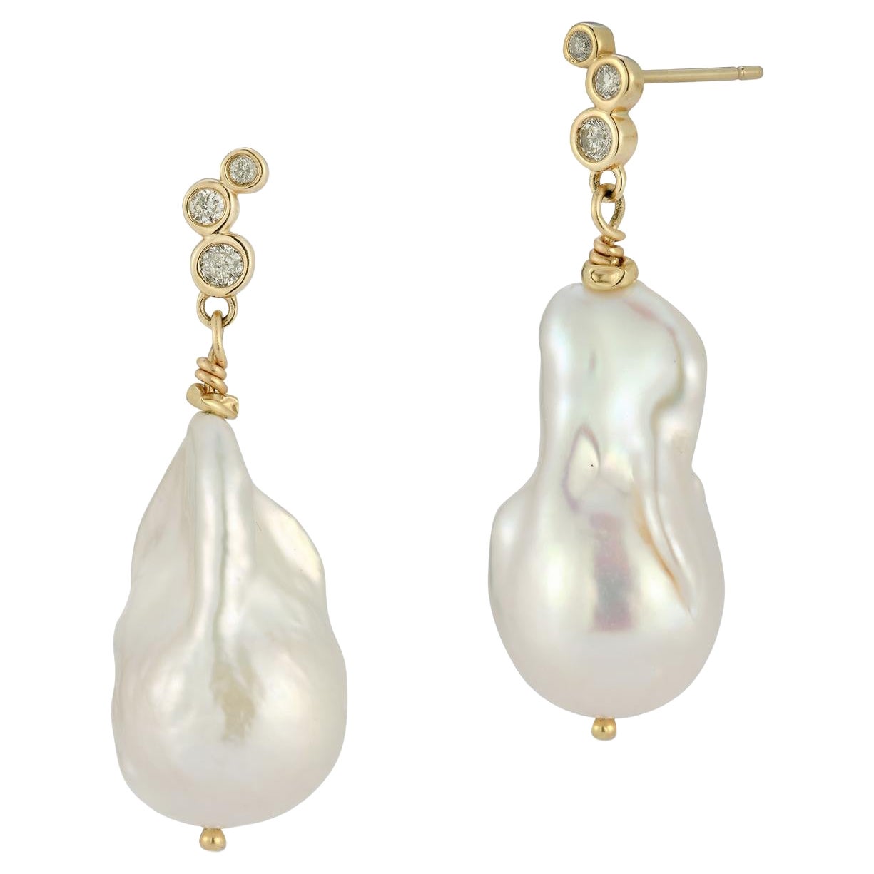14 Karat Yellow Gold Large Baroque Pearl Drop Earrings Salt and Pepper Diamonds  For Sale