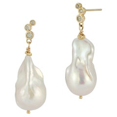 14 Karat Yellow Gold Large Baroque Pearl Drop Earrings Salt and Pepper Diamonds 