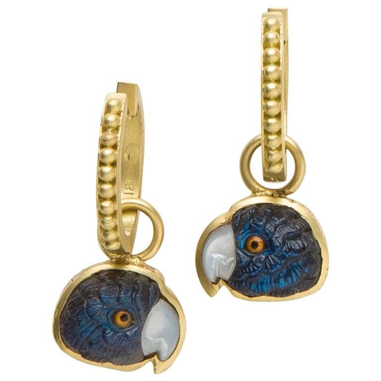 Blue Spectrolite Gold Hand Carved Parrot Earrings For Sale at 1stDibs