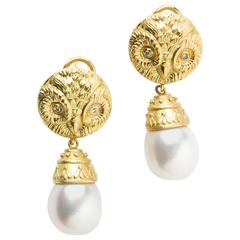 Athena South Sea Pearl Diamond Gold Owl Head Earrings 