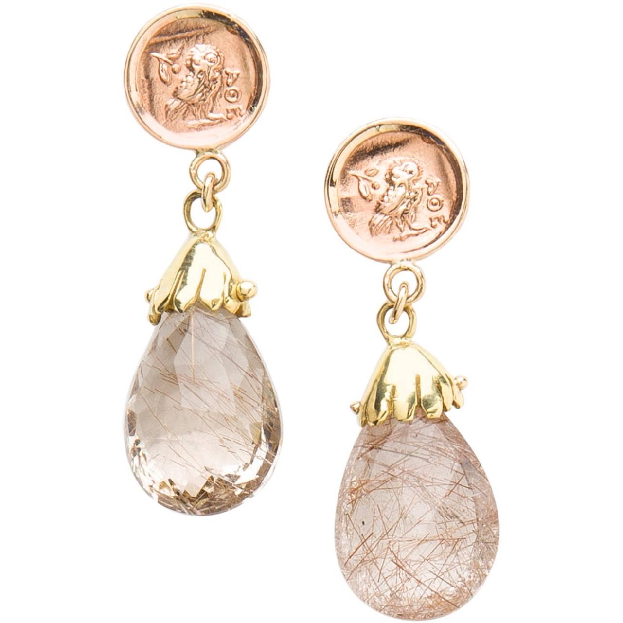 Rutilated Quartz Two Color Gold Drop Earrings