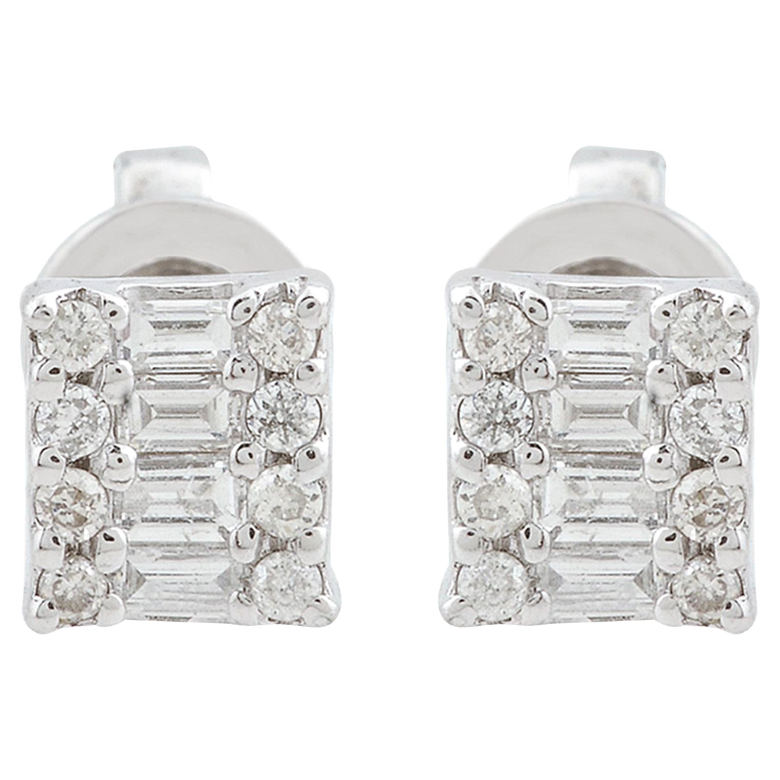 0.16 Carat Baguette & Round Diamond Stud Earrings 10k White Gold Fine Jewelry