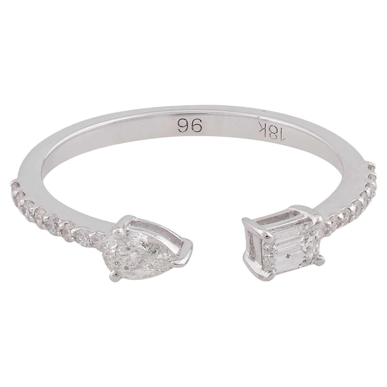0.41 Carat Pear & Emerald Cut Diamond Cuff Ring 18k White Gold Handmade Jewelry For Sale
