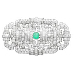 Antique Art Deco 1.02 Carat Emerald and 11.88 Carat Diamond Platinum Brooch