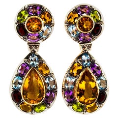 Art Nouveau Diamond Amethyst Garnet Quartz Peridot Citrine Yellow Gold Earrings