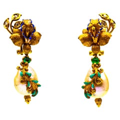 Art Nouveau Style White Diamond Emerald Enamel Pearl Yellow Gold Drop Earrings