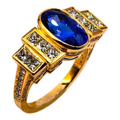 Art Deco Style White Diamond Oval Cut Blue Sapphire Yellow Gold Cocktail Ring