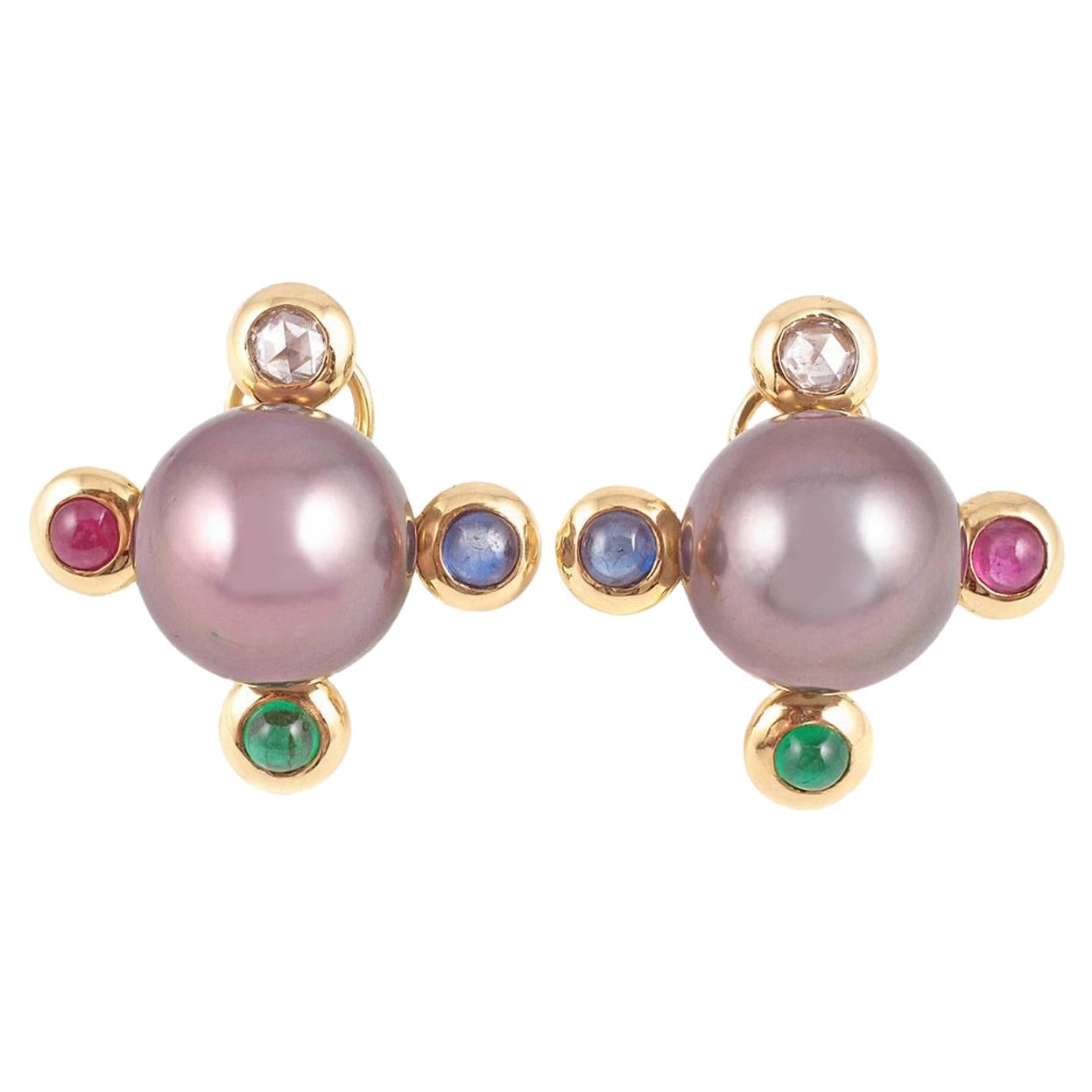 Assael Tahitian Pearl Diamond, Sapphire, Emerald, Ruby Earrings For Sale