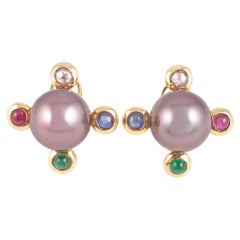 Assael Tahitian Pearl Diamond, Sapphire, Emerald, Ruby Earrings