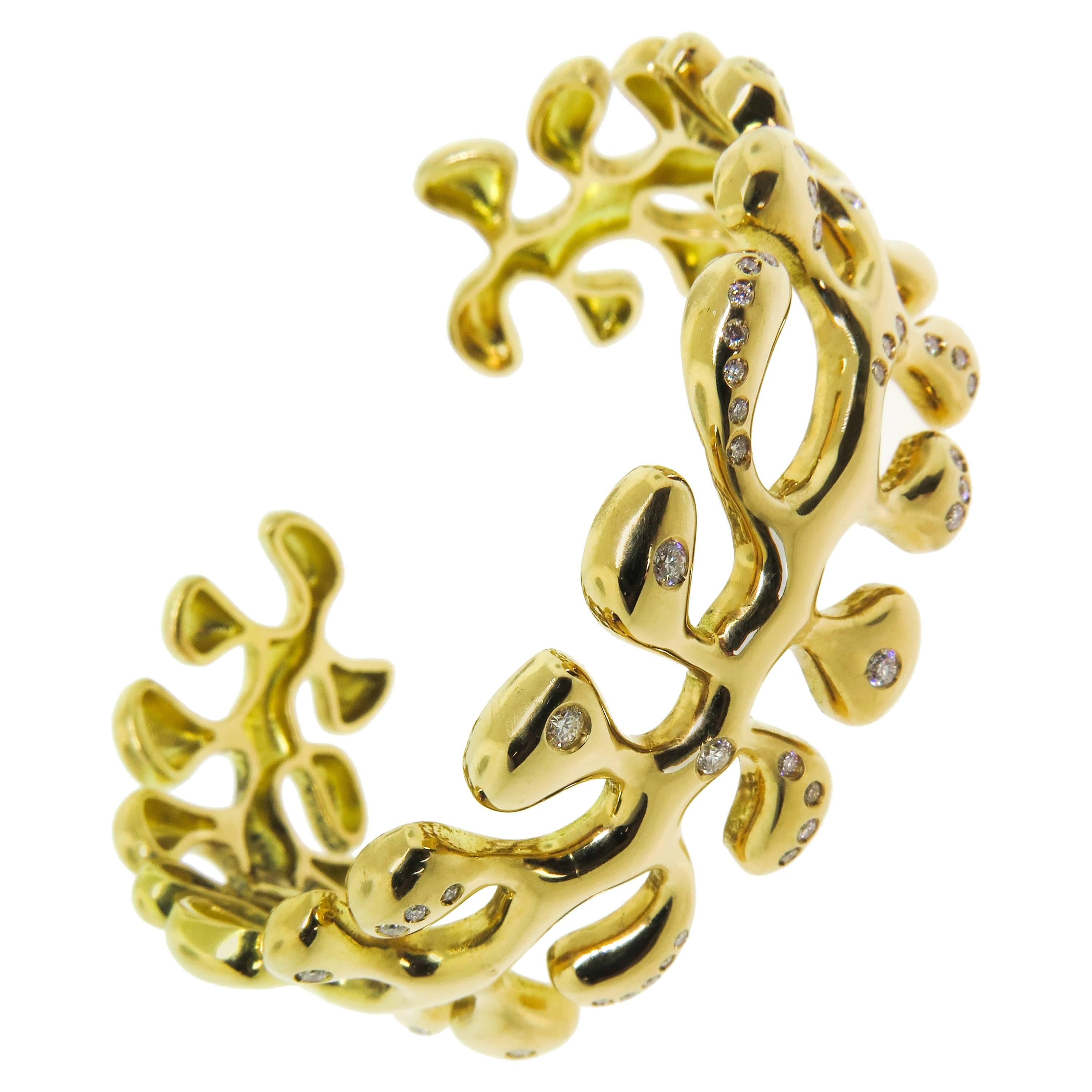 Gold Sea Leaf Cuff Bracelet with Diamond Accents