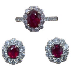 Burmese Ruby & Diamonds Earrings & Rings Set in 18K White Gold 4.12 Cts Unworn