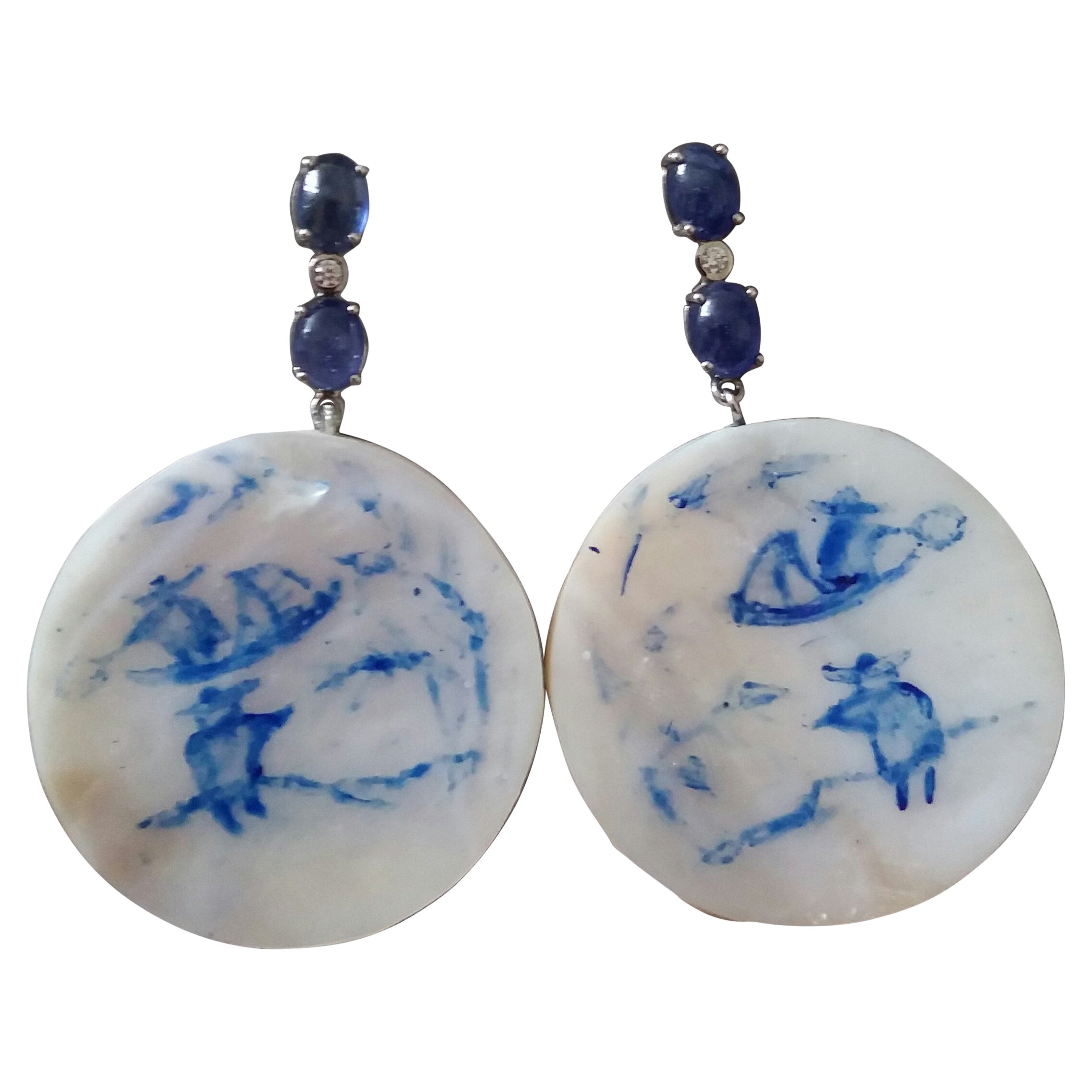 Vintage Chinese Hand Painted Motherofpearl Gold Diamonds Blue Sapphires Earrings For Sale