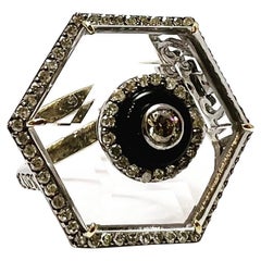 Art Deco Style 14k Yellow Gold Silver Diamond Onyx Quartz Hexagon Cocktail Ring