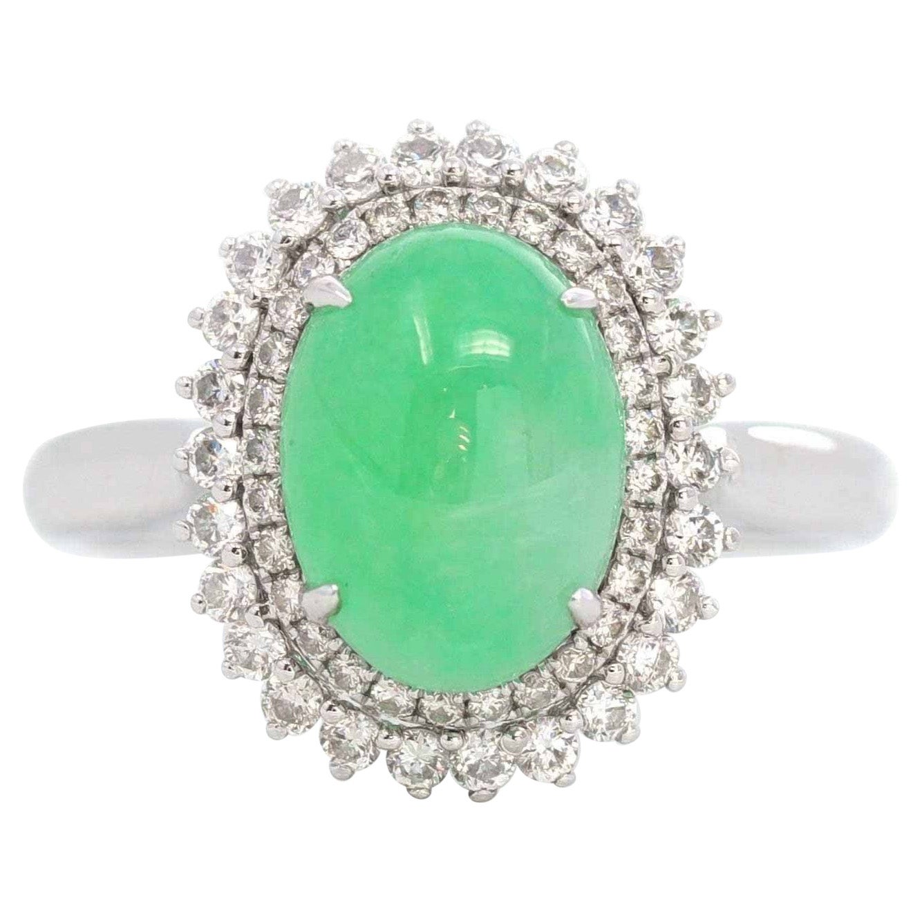 "Classic Double Halo" 18k White Gold, Cabochon Green Jadeite Engagement Ring For Sale