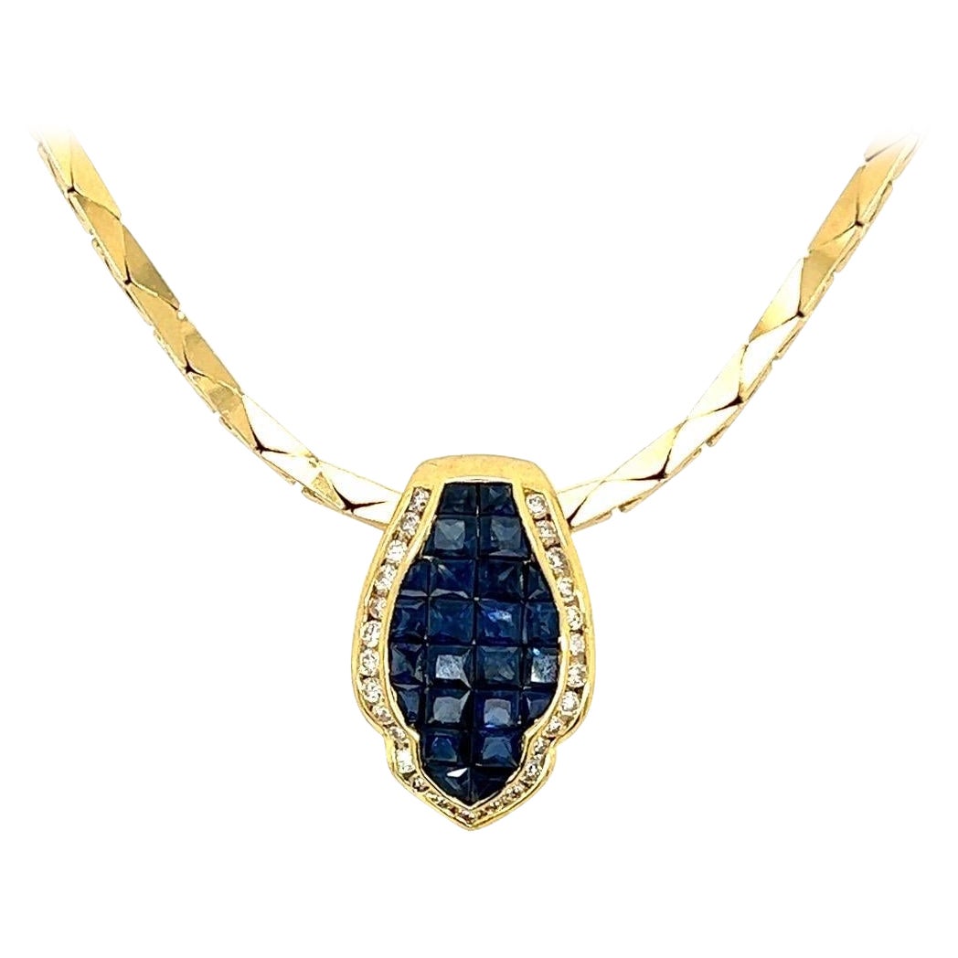 Retro Gold 2.92 Carat Natural Blue Sapphire and Round Diamond Pendant Circa 1960 For Sale
