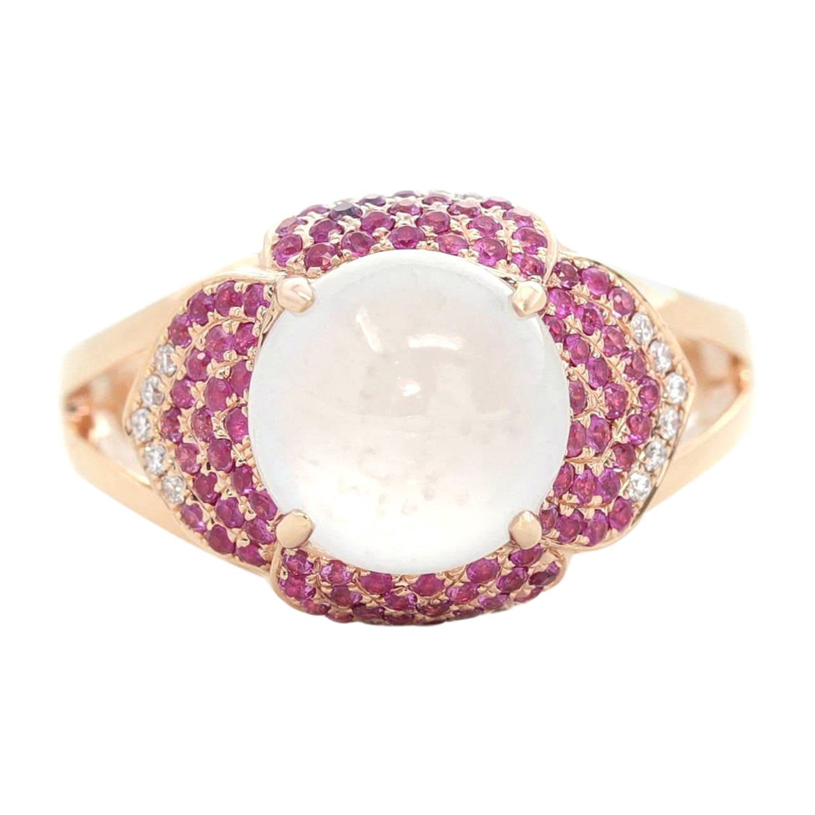18k Rose Gold Natural Ice Jadeite Engagement Ring With Diamonds and Ruby