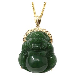 "Laughing Buddha" 18k Yellow Gold Nephrite Green Jade with Diamonds Pendant