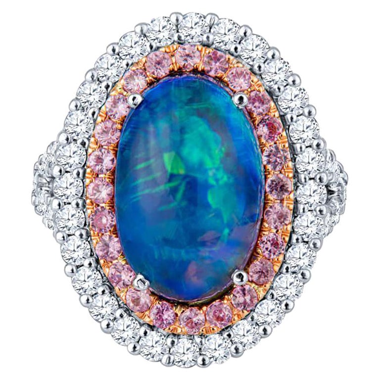For Sale:  5.12ct Natural Opal w/ Double Halo .83ctw Pink Sapphires & 1.38ctw Diamonds Ring