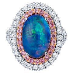 Bague en opale naturelle de 5,12 carats avec double halo de saphirs roses de 0,83 carat et diamants de 1,38 carat