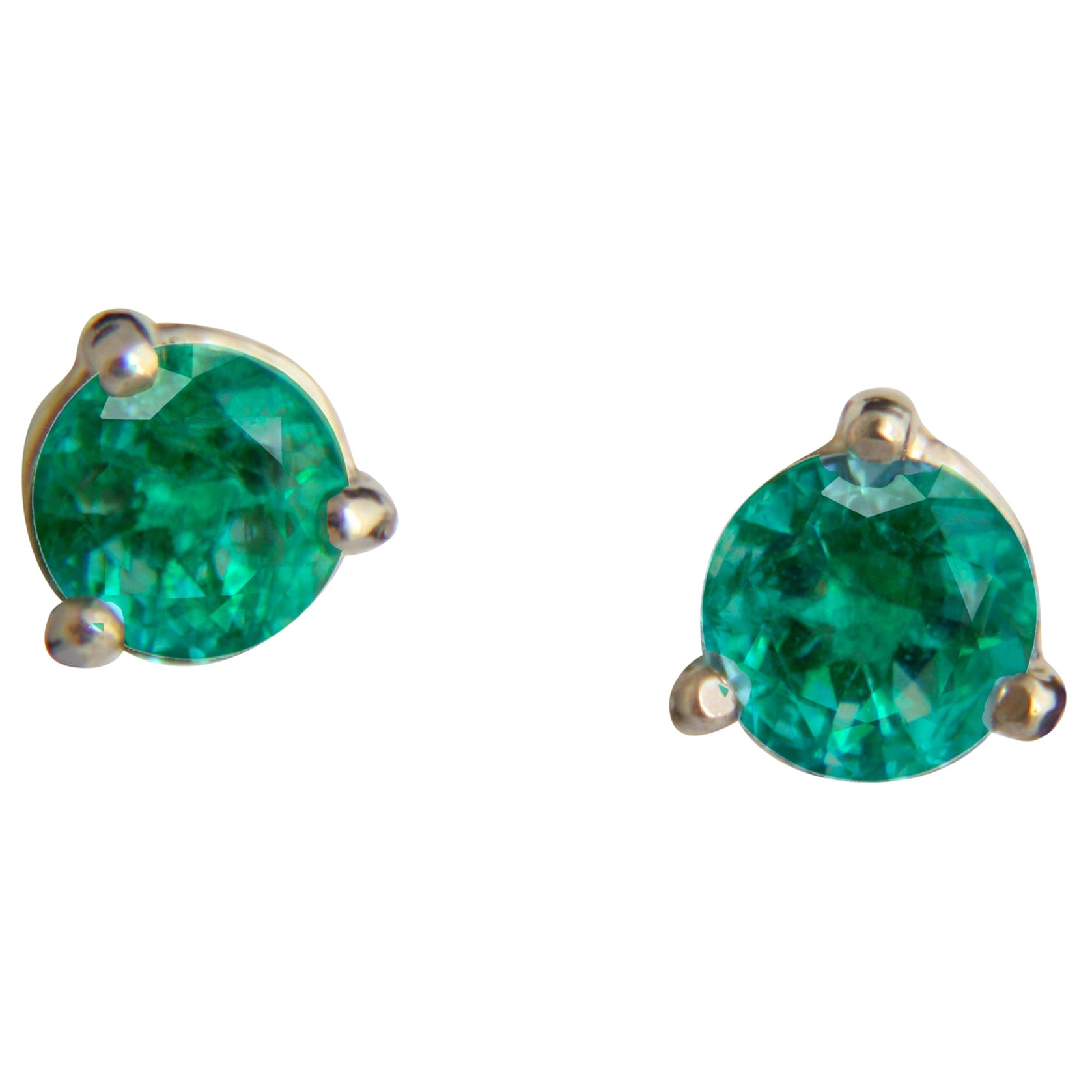 14 K Gold Earrings with Genuine Emeralds, Emerald Stud Earrrings For Sale