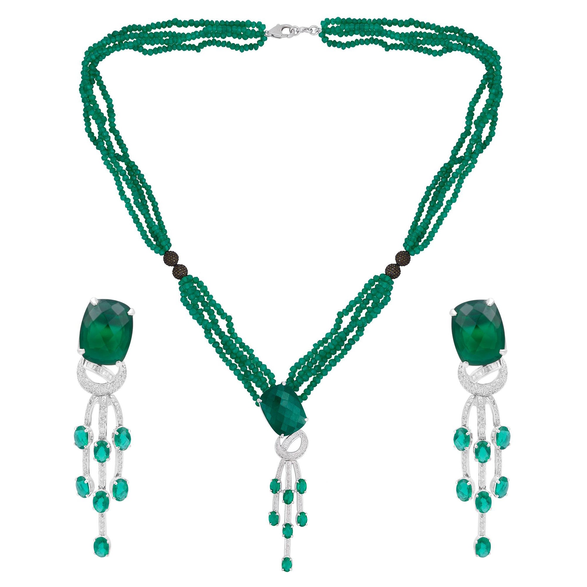 Green Onyx Dangle Earrings Diamond Pave 18 Karat Gold Pendant Layered Necklace