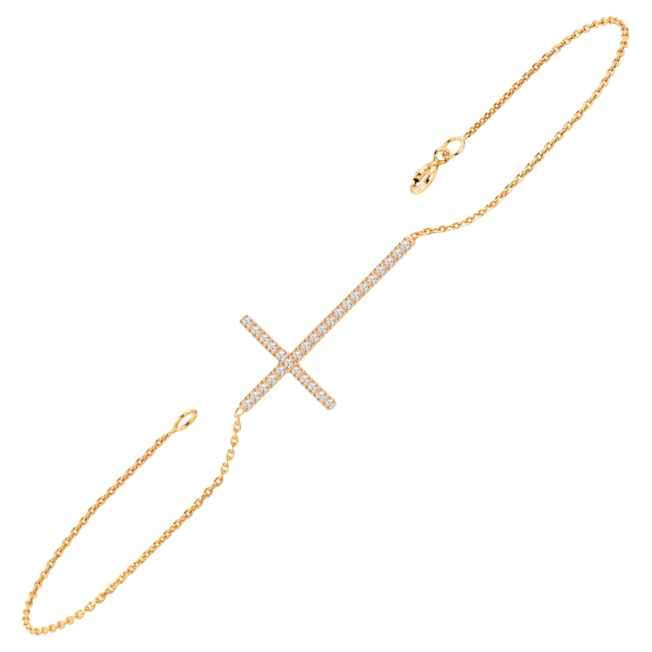 Bracelet longue croix de diamants en or 18K Bracelet croix de diamants latérale en vente