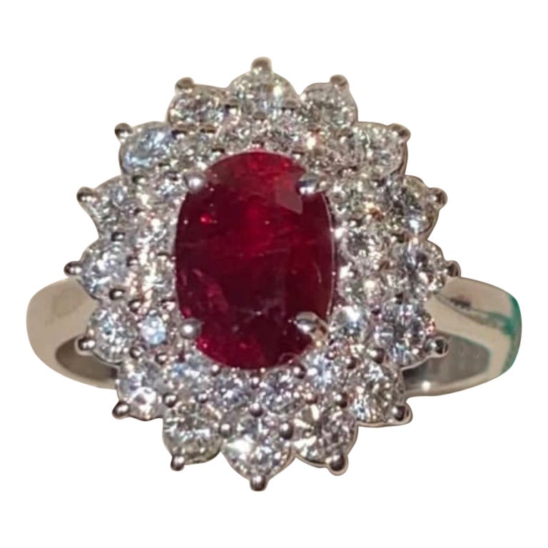 Rare unheated AIGS certified  PIGEON BLOOD ruby  2, 12 ct and diamonds on ring  For Sale