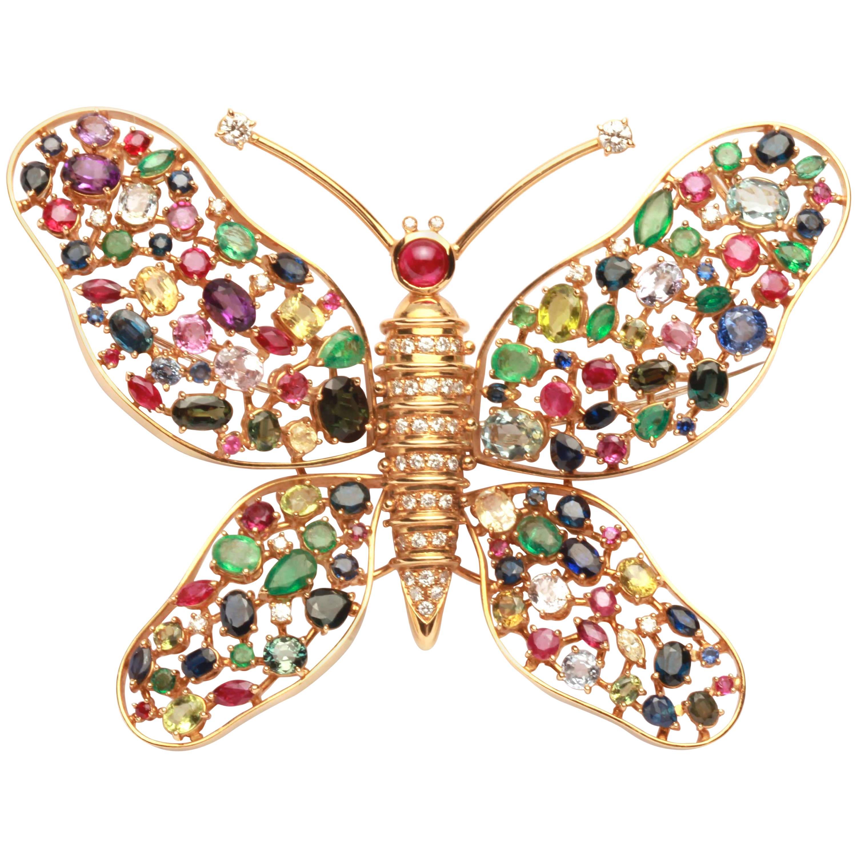 Impressive Sapphire Ruby Emerald Butterfly Brooch  For Sale