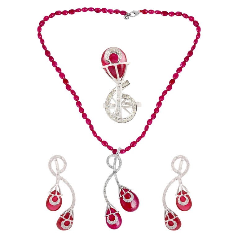 Ruby Necklace Pave Diamond Earrings 18 Karat Gold Ring Silver Fine