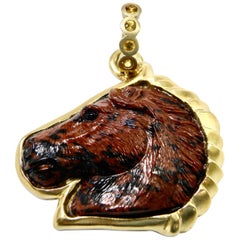 18K Mahogony Obsidian Horse Pendant with Sapphire Bail