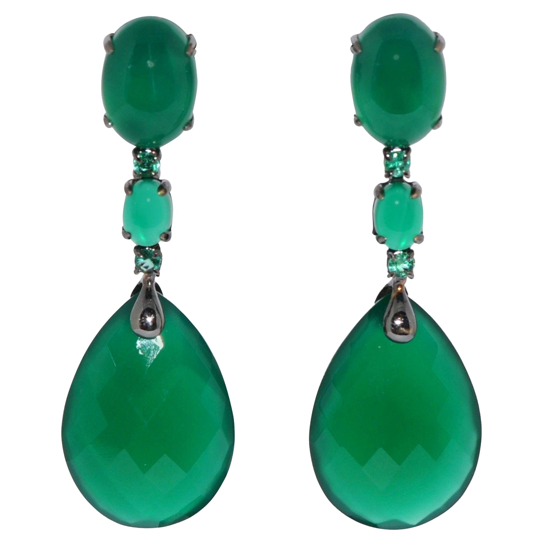 Green Agate and Emerald on Black Gold Chandelier Earrings For Sale
