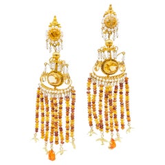 21st Century 18 Karat Gold Fire Opals Pearls Topaz Orange Sapphires Earrings