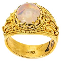 Large Opal Cabochon 22 Karat Gold Ring with Intricate Granular Detail